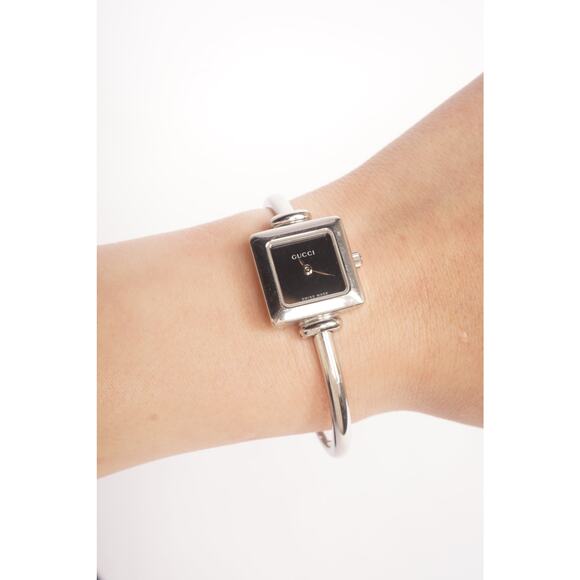 Gucci Black Square Dial Silver Bangle Watch - Picture 1 of 5